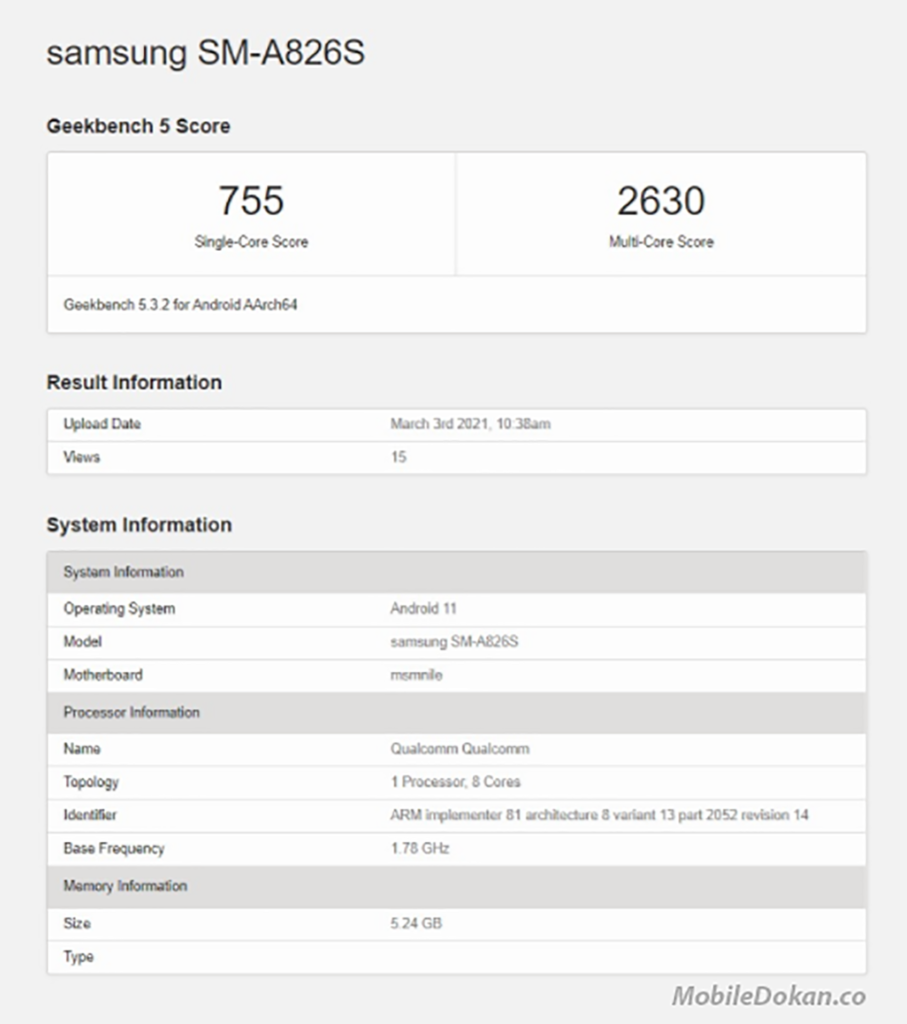 Galaxy A82 5G specs of Geekbench