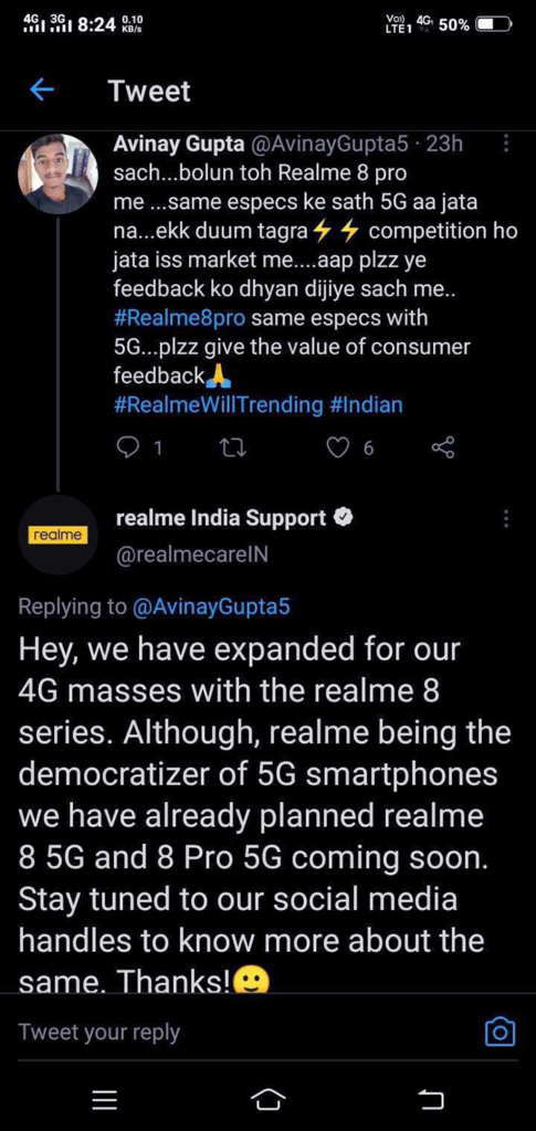 Realme India Tweet about Realme 8 5G and 8 Pro 5G