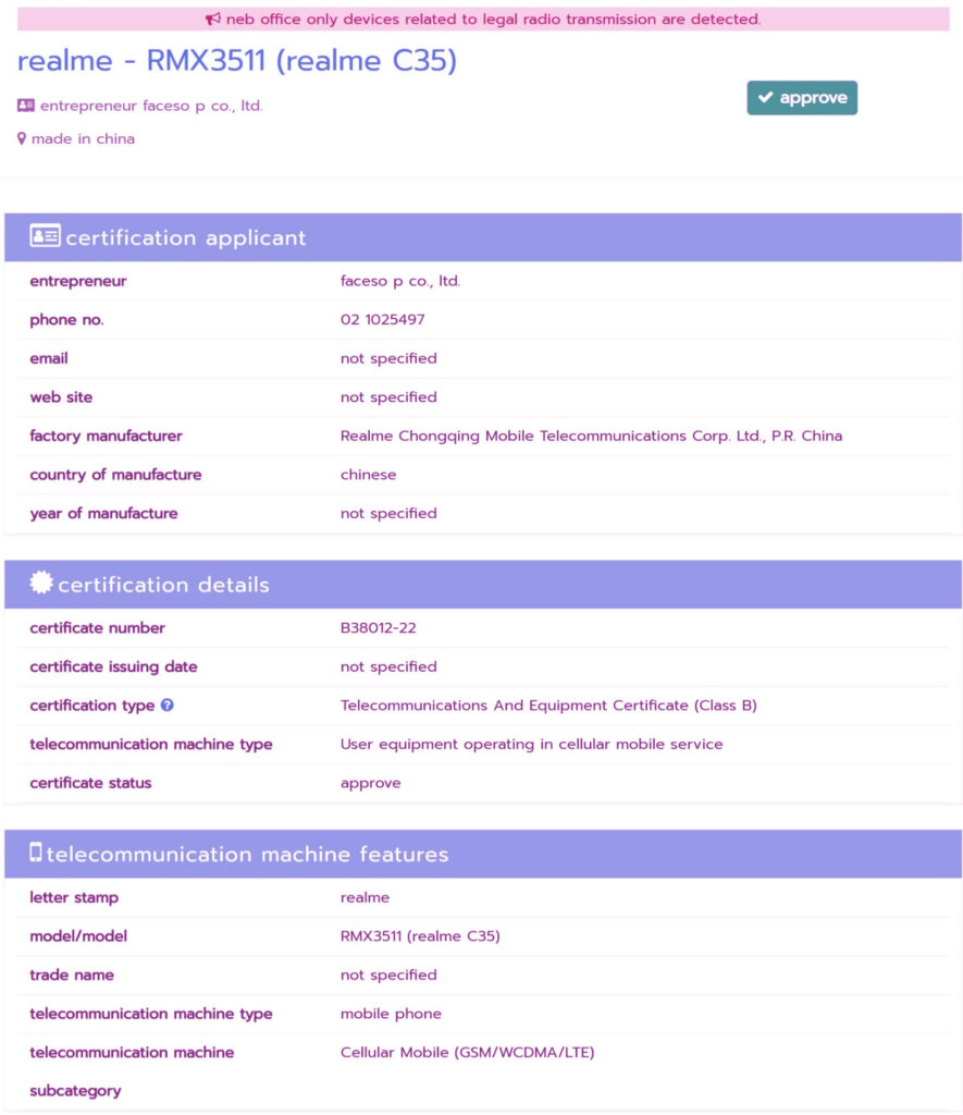 Realme C35 got the NBTC certification