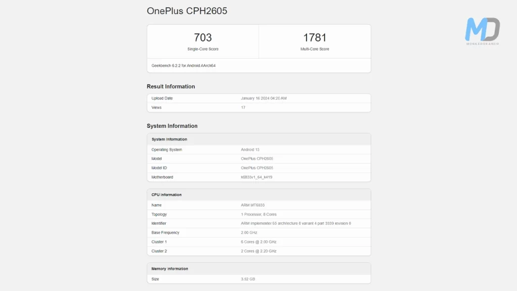 OnePlus Nord N30 SE Geekbench listing