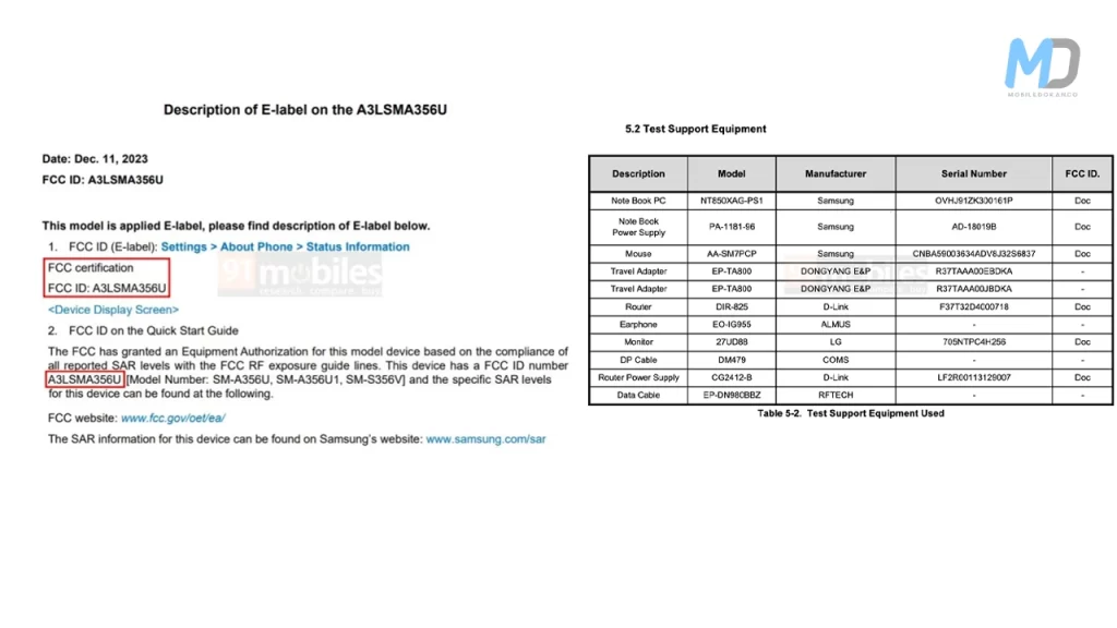 Samsung Galaxy A35 5G FCC listings