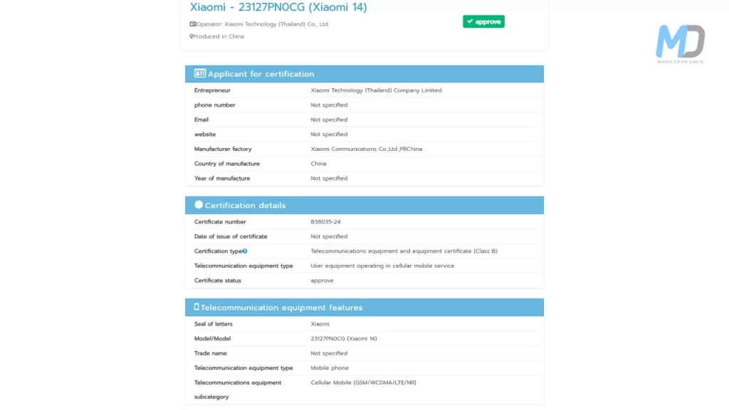 Xiaomi 14 NBTC listings