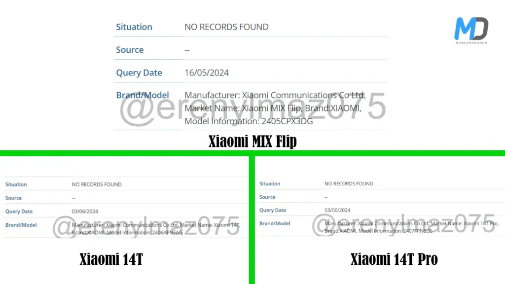 Xiaomi 14T series and MIX Flip IMEI database listings